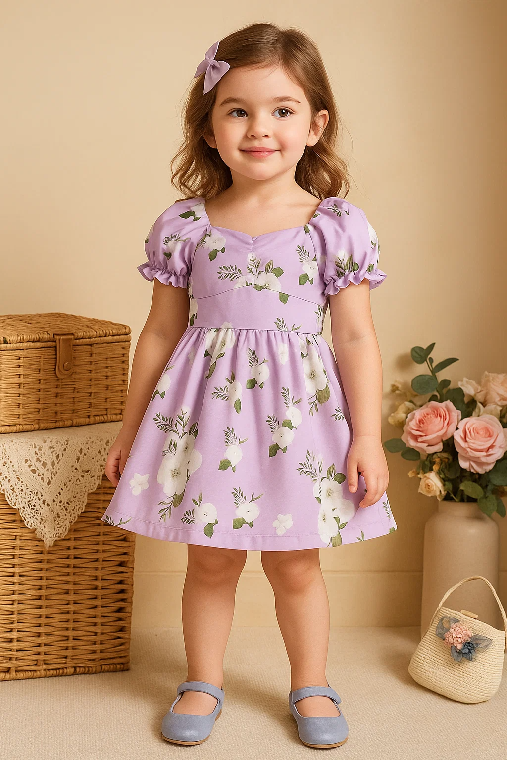 SHEIN Young Girl Floral Print Ruched Puff Sleeve Dress