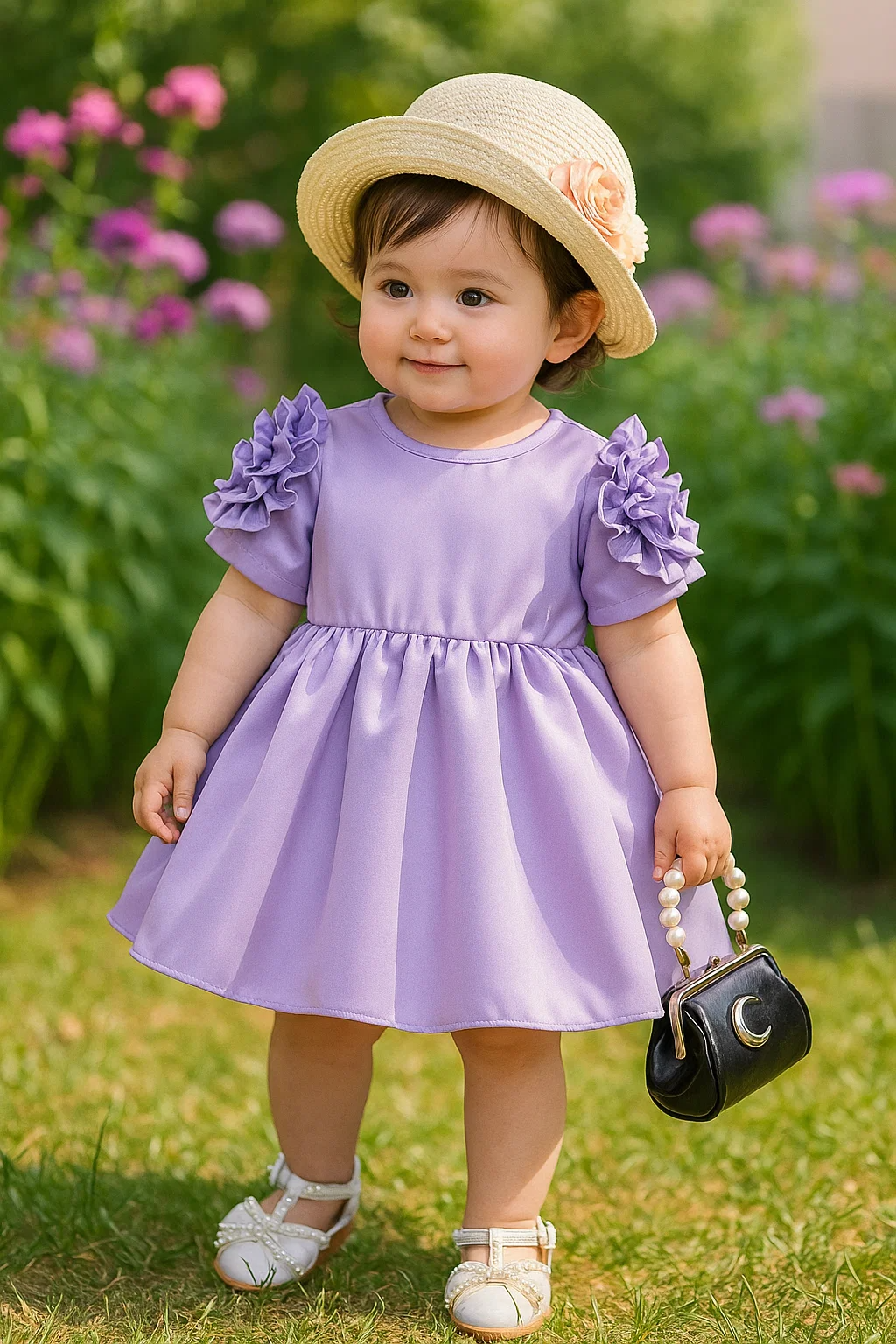 SHEIN Baby Girls' Summer Formal Dress, Purple Sleeves With 3d Rose Flo –  Muze