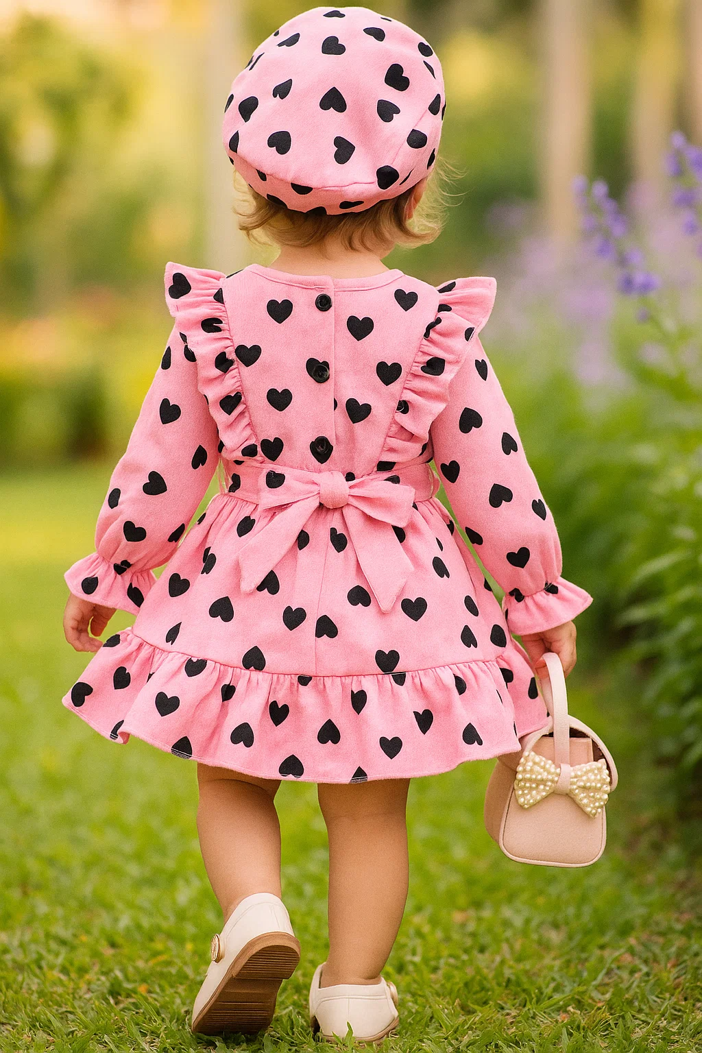 SHEIN Baby Girl Heart Print Ruffle Trim Flare Sleeve Belted Dress & Hat