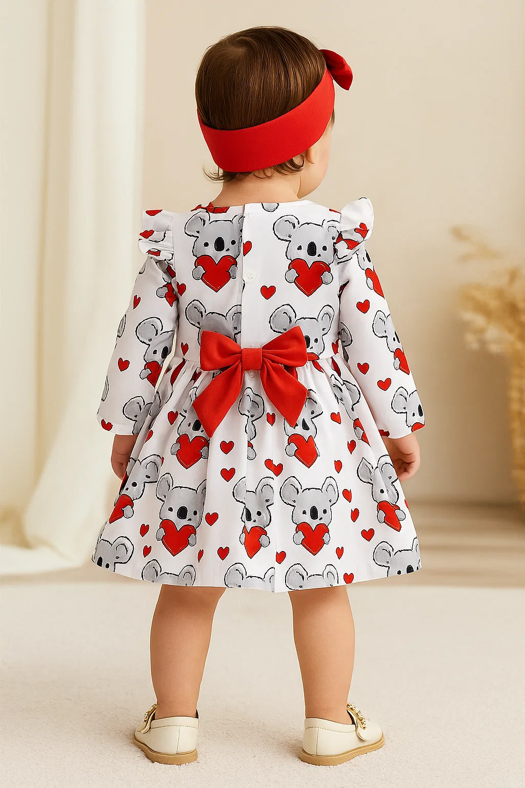 Baby Girl's Cute Cartoon Koala Print Long Sleeve Dress + Headband