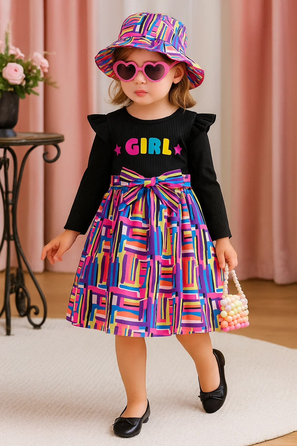 SHEIN Young Girl Letter Graphic Ruffle Trim Dress & Hat