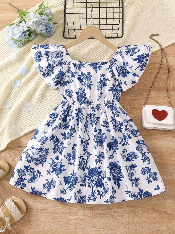 SHEIN Toddler Girls Floral Print Butterfly Sleeve Dress