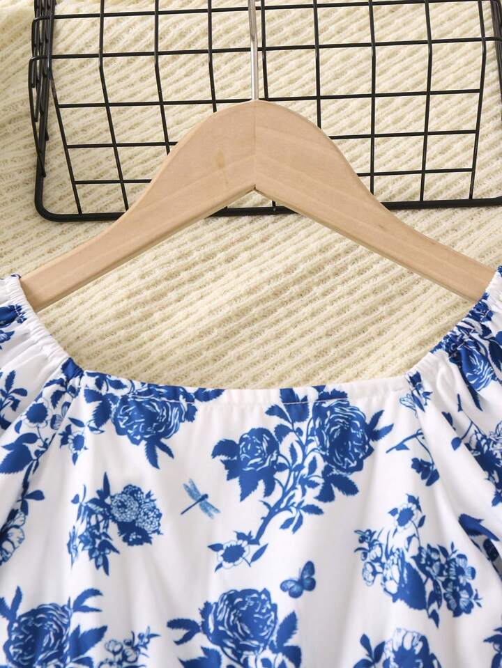 SHEIN Toddler Girls Floral Print Butterfly Sleeve Dress