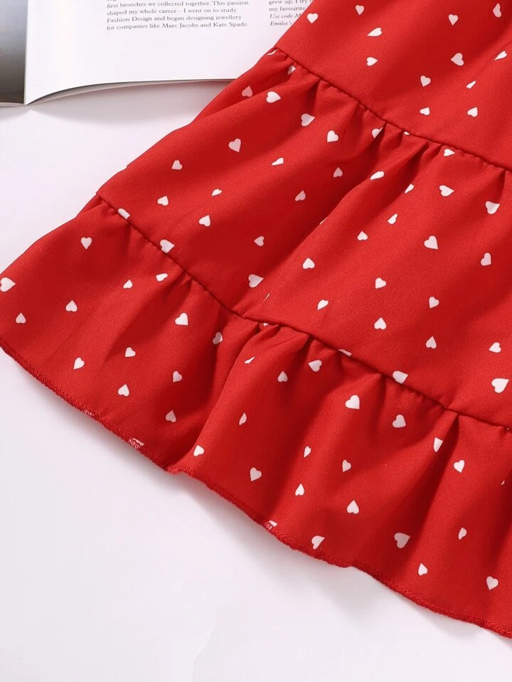 SHEIN Toddler Girls Confetti Heart Print Bow Front Ruffle Dress