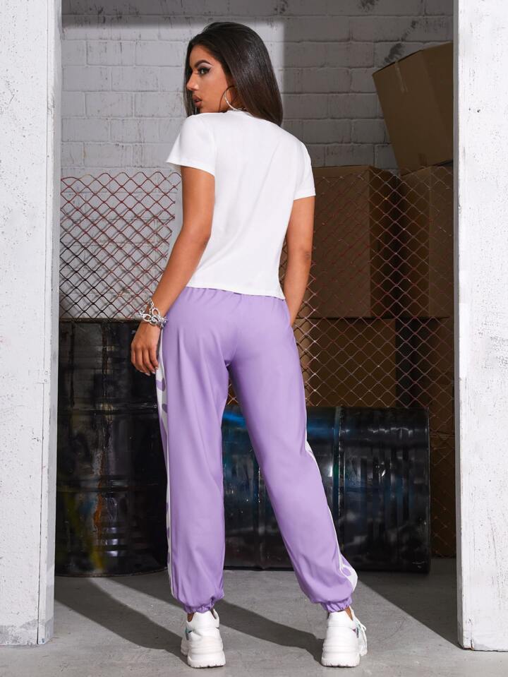 SHEIN Letter Graphic Side Seam Trousers Set