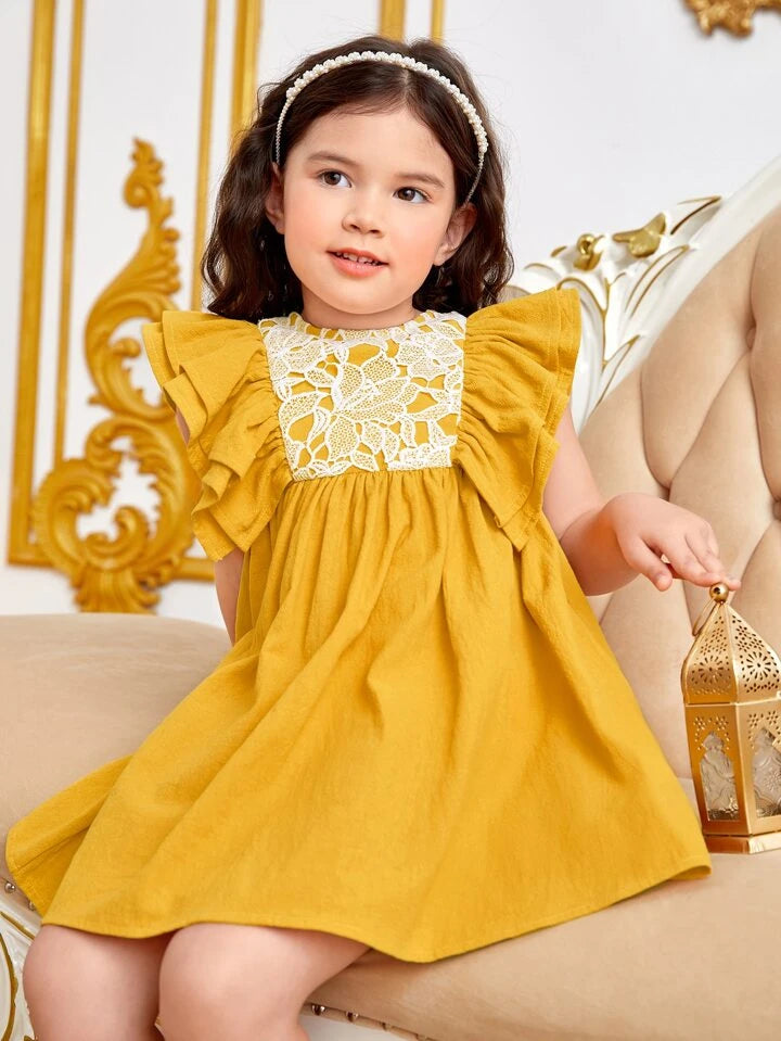 SHEIN Toddler Girls Contrast Lace Ruffle Trim Bow Back Dress