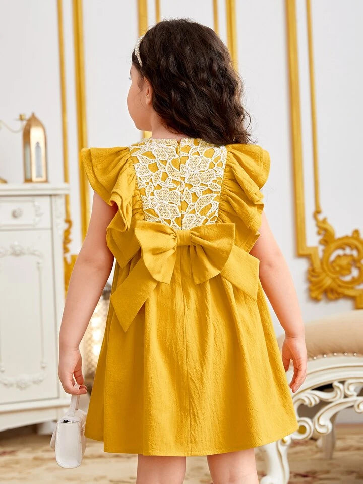 SHEIN Toddler Girls Contrast Lace Ruffle Trim Bow Back Dress