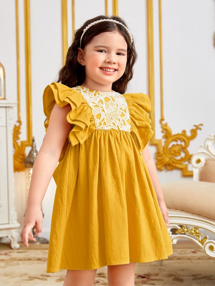 SHEIN Toddler Girls Contrast Lace Ruffle Trim Bow Back Dress