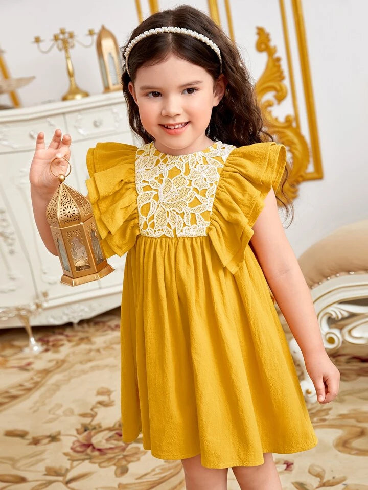 SHEIN Toddler Girls Contrast Lace Ruffle Trim Bow Back Dress