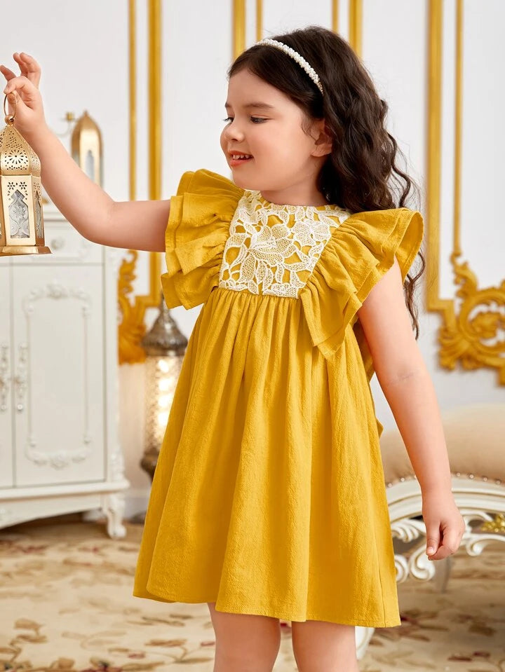 SHEIN Toddler Girls Contrast Lace Ruffle Trim Bow Back Dress