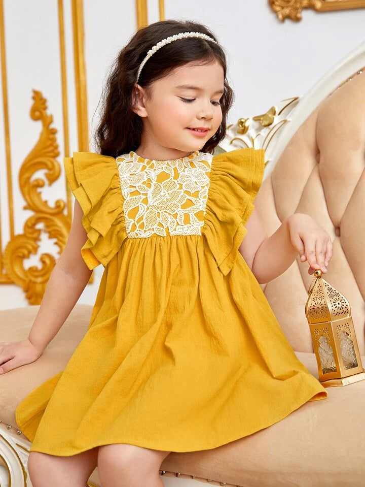 SHEIN Toddler Girls Contrast Lace Ruffle Trim Bow Back Dress