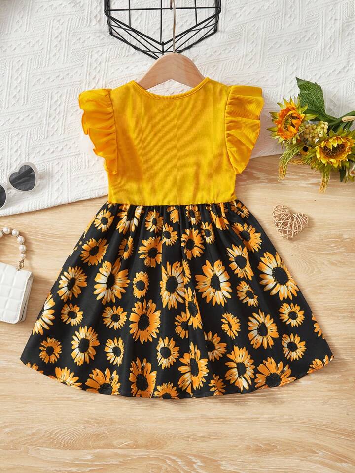 SHEIN Toddler Girls Floral Print Ruffle Trim Dress