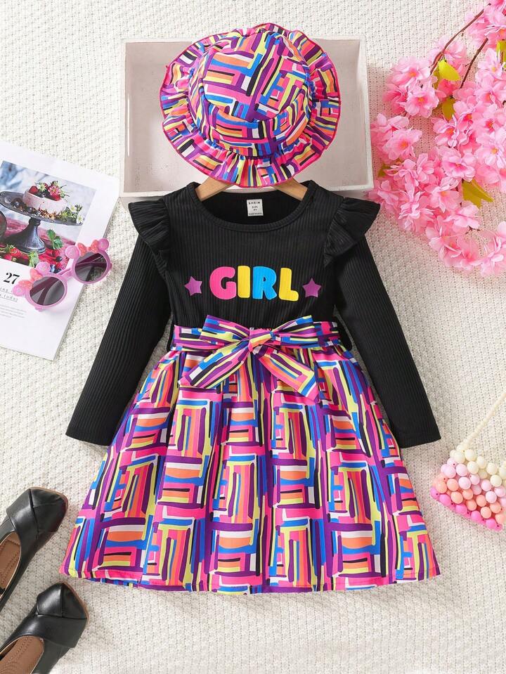 SHEIN Young Girl Letter Graphic Ruffle Trim Dress & Hat