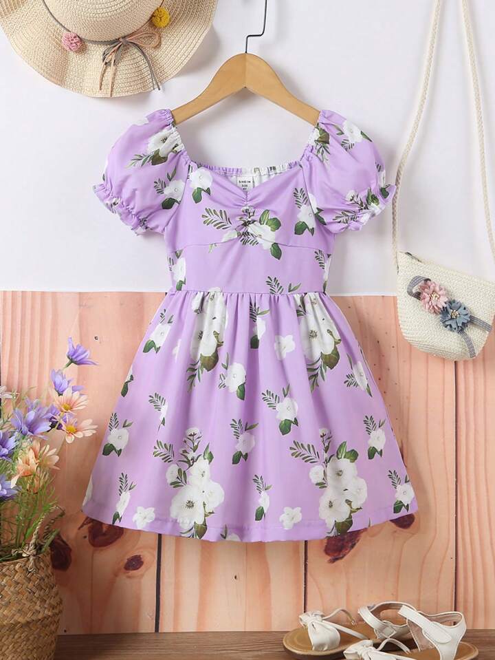 SHEIN Young Girl Floral Print Ruched Puff Sleeve Dress