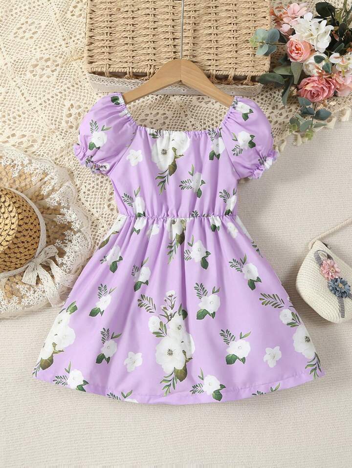SHEIN Young Girl Floral Print Ruched Puff Sleeve Dress