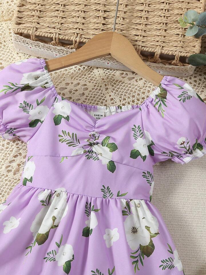 SHEIN Young Girl Floral Print Ruched Puff Sleeve Dress