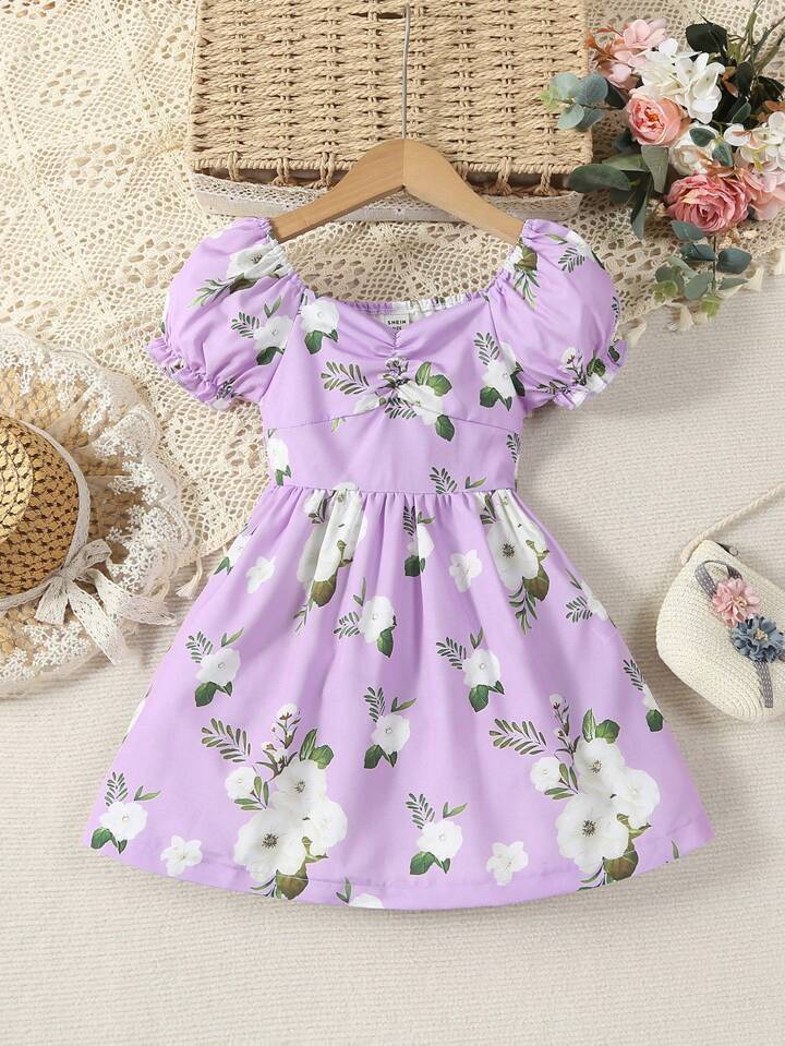 SHEIN Young Girl Floral Print Ruched Puff Sleeve Dress