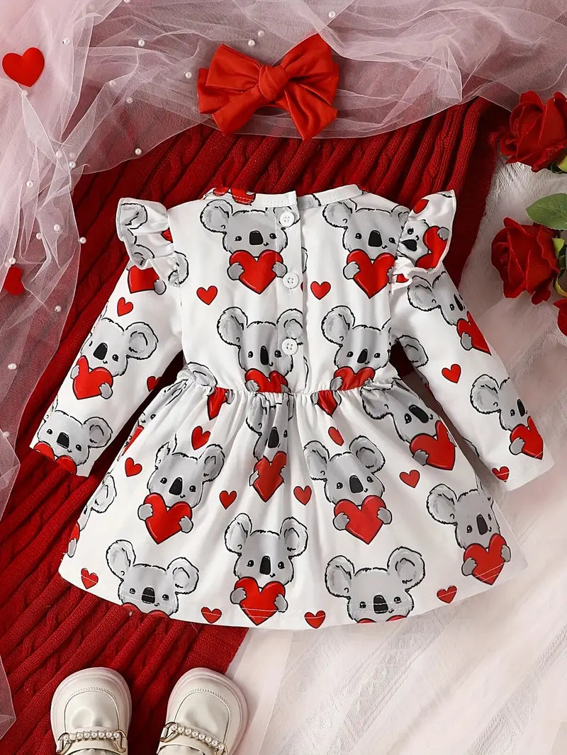 Baby Girl's Cute Cartoon Koala Print Long Sleeve Dress + Headband