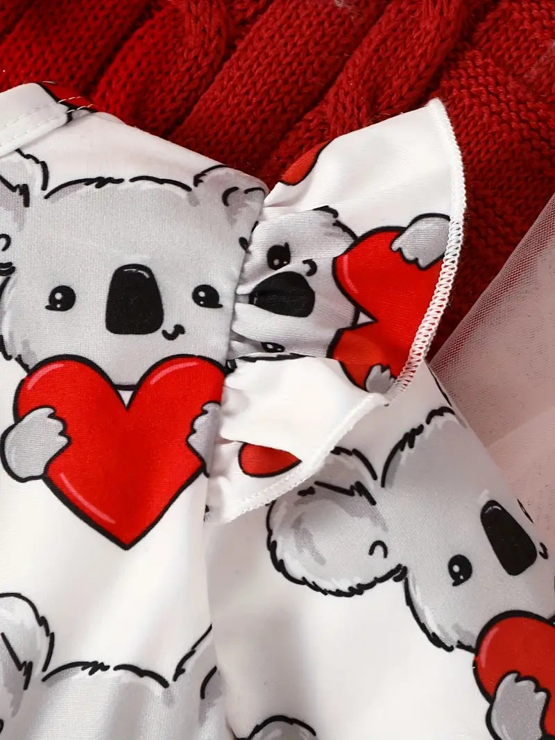 Baby Girl's Cute Cartoon Koala Print Long Sleeve Dress + Headband