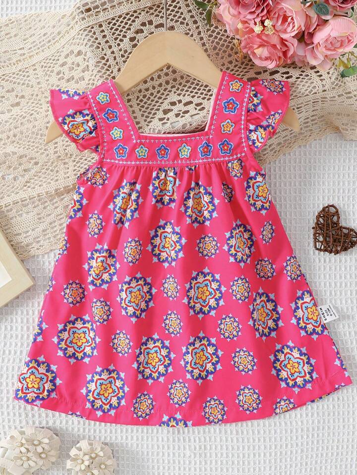 SHEIN Baby Girl Full Print Ruffle Hem Decorated Dress