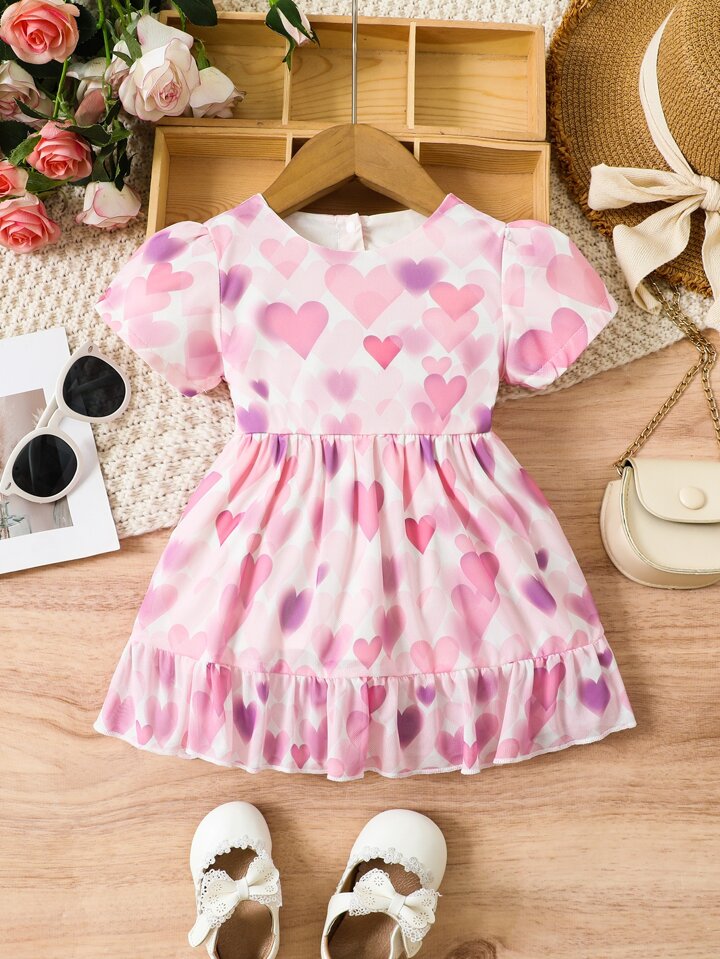 SHEIN Baby Heart Print Ruffle Hem Dress