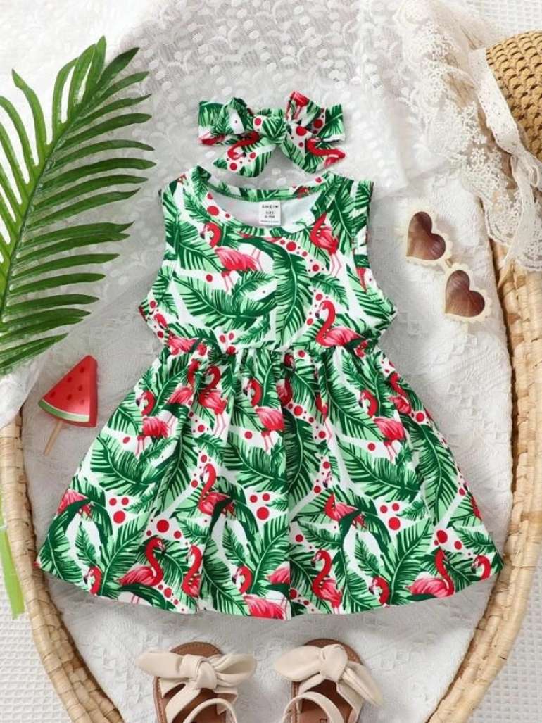 SHEIN Baby Casual And Vacation Style Dress With Palm Leaf And Flamingo Print