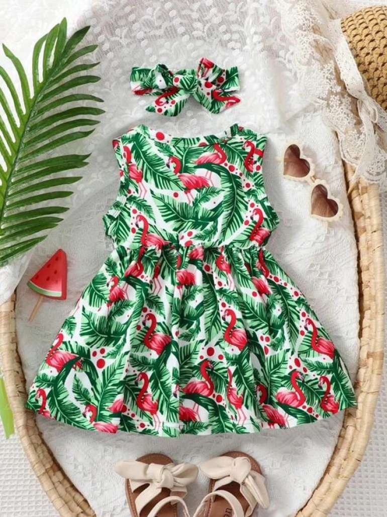 SHEIN Baby Casual And Vacation Style Dress With Palm Leaf And Flamingo Print