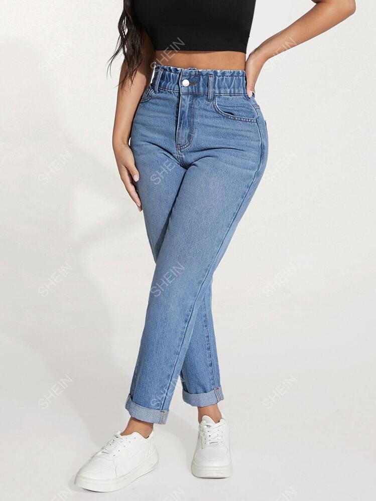 SHEIN PETITE Paperbag Waist Roll Up Hem Fit Jeans