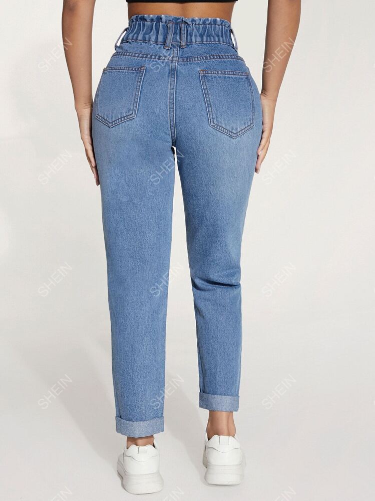 SHEIN PETITE Paperbag Waist Roll Up Hem Fit Jeans