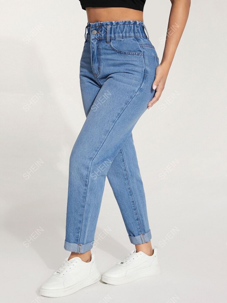 SHEIN PETITE Paperbag Waist Roll Up Hem Fit Jeans