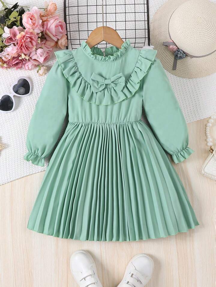 SHEIN Toddler Girls' A-Line Dress With Bowknot Front, Long Sleeve, Elastic Cuff And Ruffle