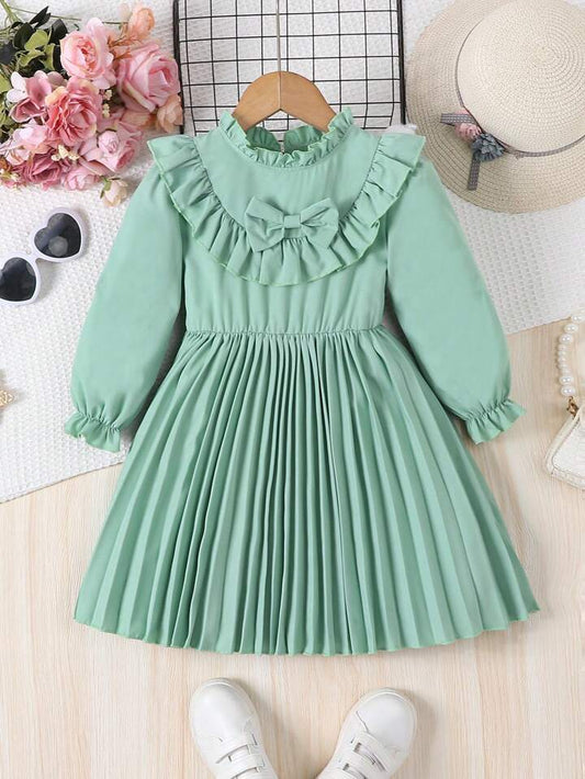 SHEIN Toddler Girls' A-Line Dress With Bowknot Front, Long Sleeve, Elastic Cuff And Ruffle