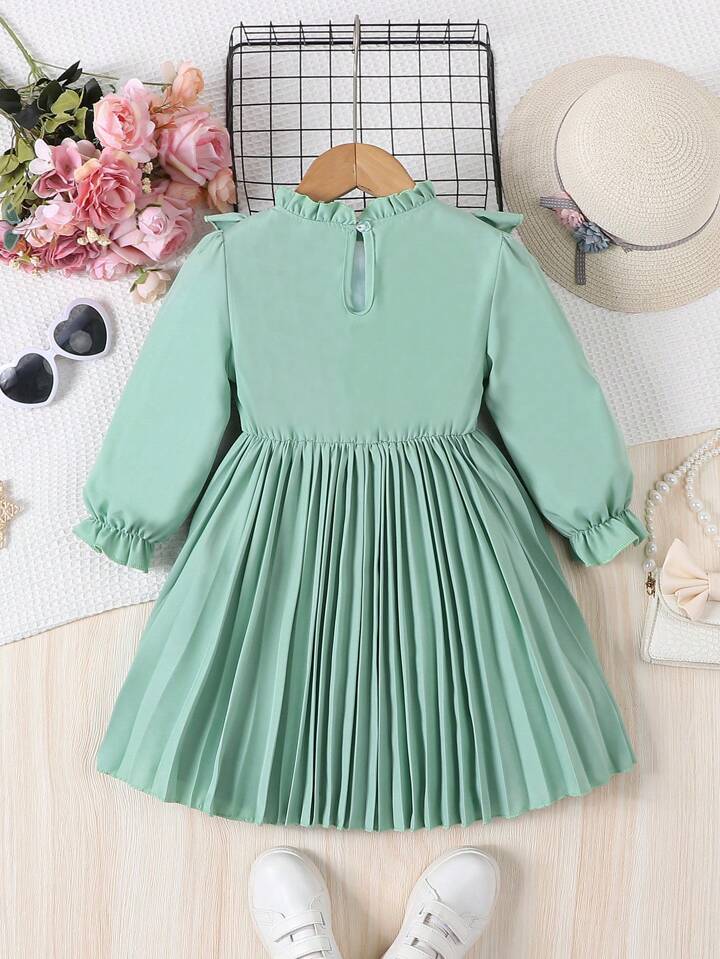 SHEIN Toddler Girls' A-Line Dress With Bowknot Front, Long Sleeve, Elastic Cuff And Ruffle