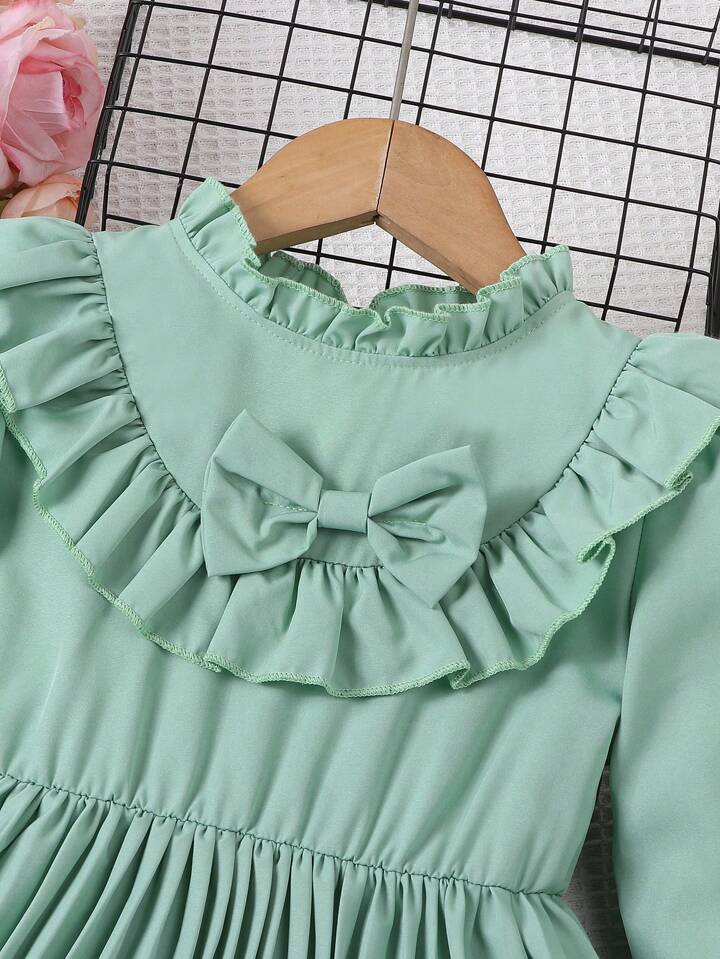 SHEIN Toddler Girls' A-Line Dress With Bowknot Front, Long Sleeve, Elastic Cuff And Ruffle