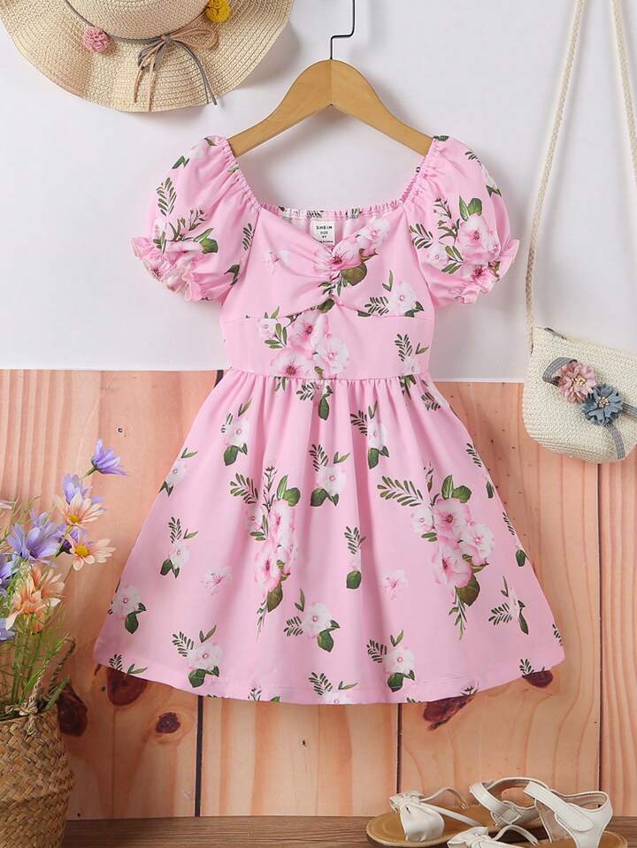 SHEIN Young Girl Floral Print Puff Sleeve Dress