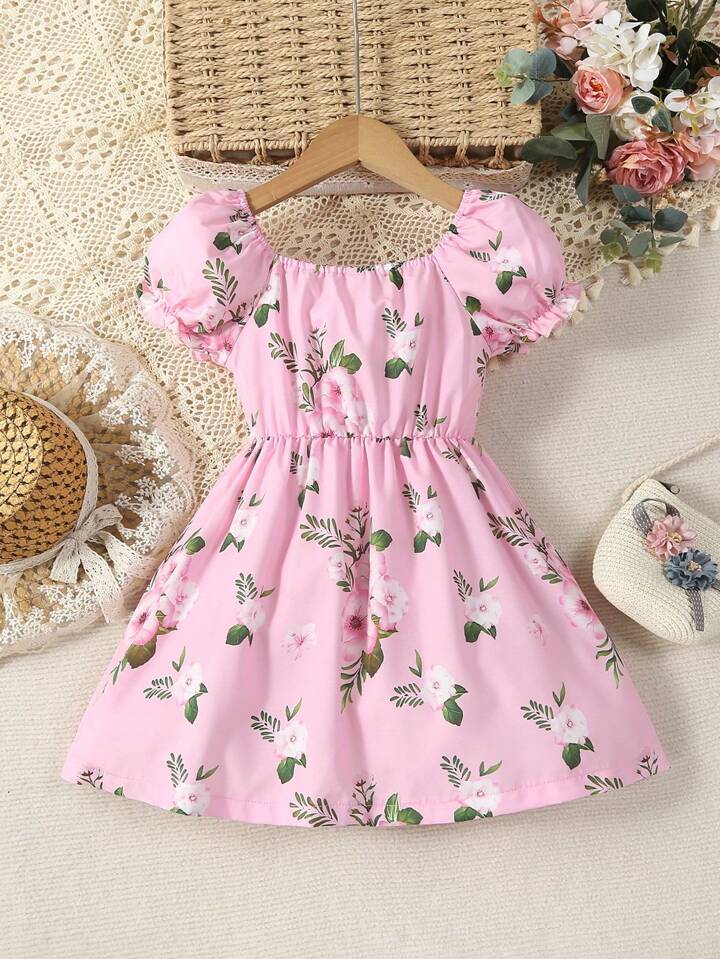 SHEIN Young Girl Floral Print Puff Sleeve Dress