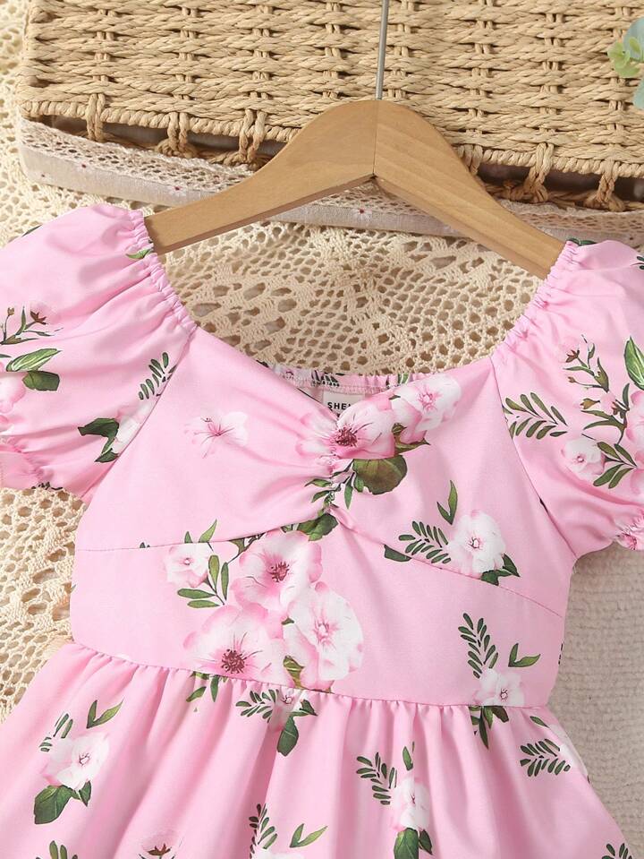 SHEIN Young Girl Floral Print Puff Sleeve Dress
