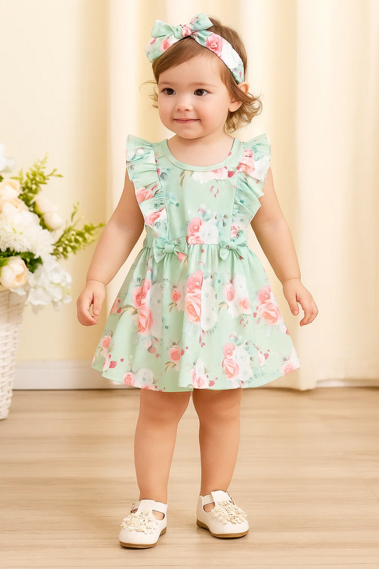 SHEIN Baby Floral Print Ruffle Trim Bow Front Dress With headband
