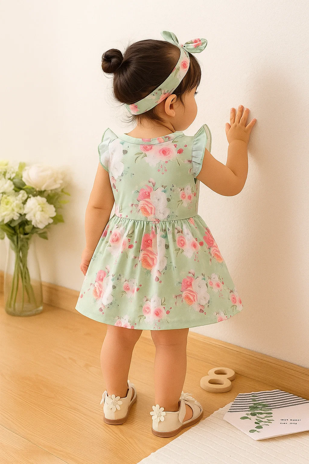 SHEIN Baby Floral Print Ruffle Trim Bow Front Dress With headband
