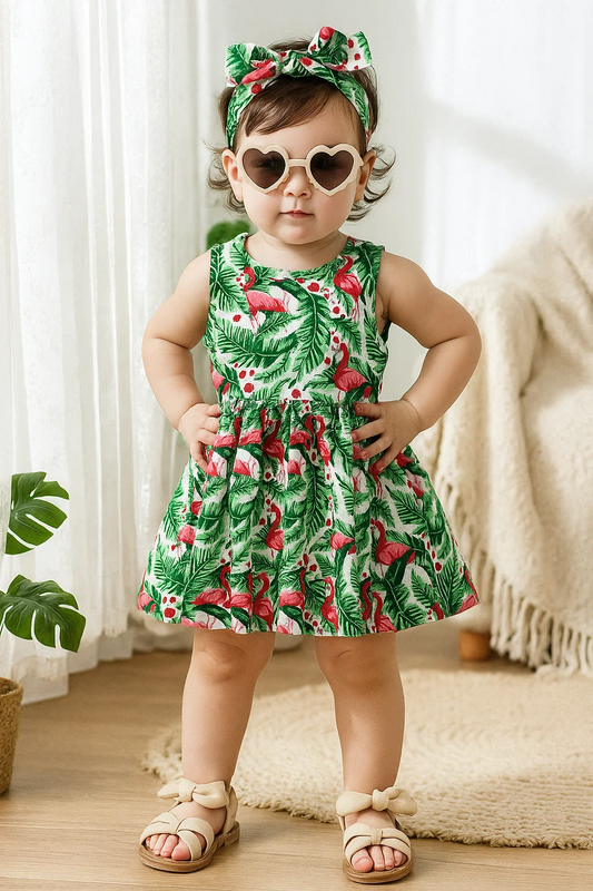 SHEIN Baby Casual And Vacation Style Dress With Palm Leaf And Flamingo Print