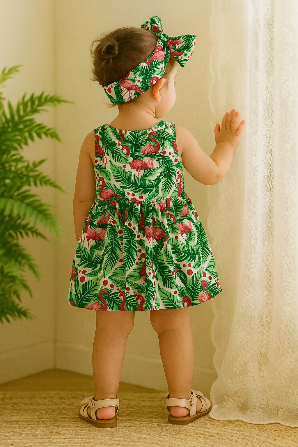 SHEIN Baby Casual And Vacation Style Dress With Palm Leaf And Flamingo Print