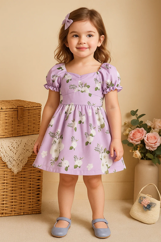 SHEIN Young Girl Floral Print Ruched Puff Sleeve Dress