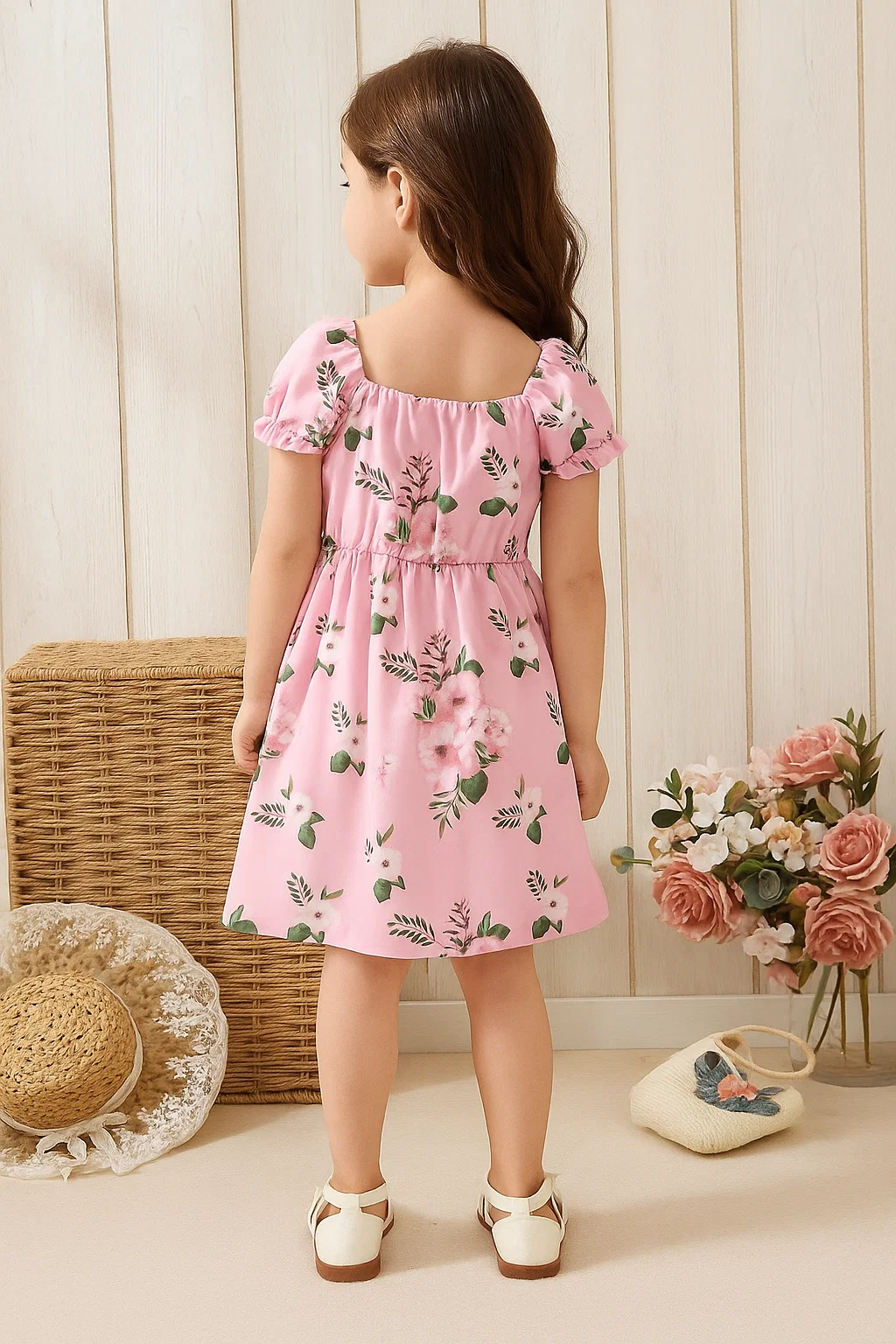 SHEIN Young Girl Floral Print Puff Sleeve Dress