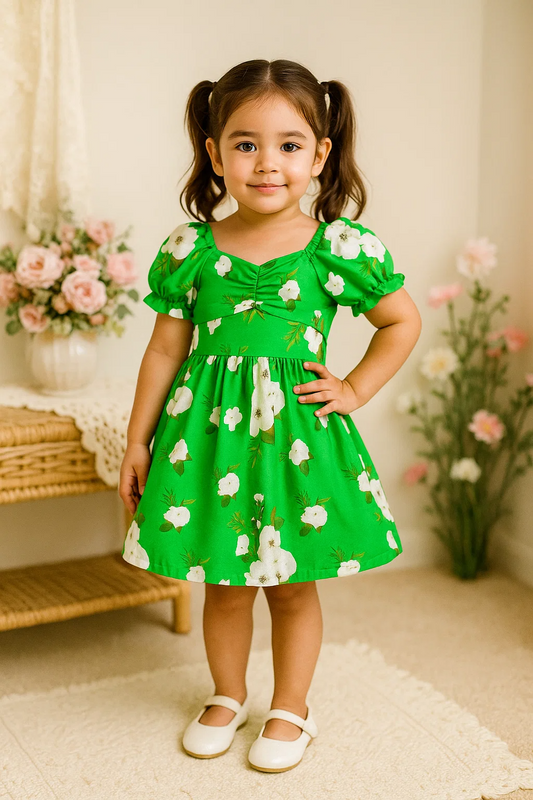 SHEIN Young Girl Floral Print Ruched Puff Sleeve Dress
