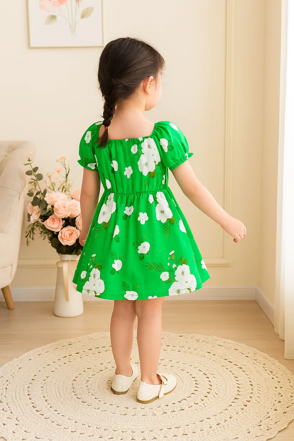 SHEIN Young Girl Floral Print Ruched Puff Sleeve Dress