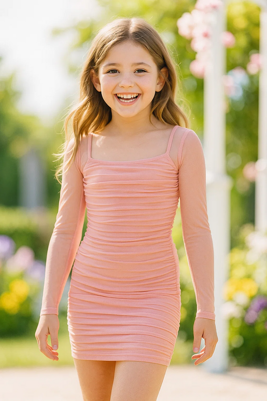 SHEIN Teen Girl Knitted Solid Square Neck Mesh Pleated Dress