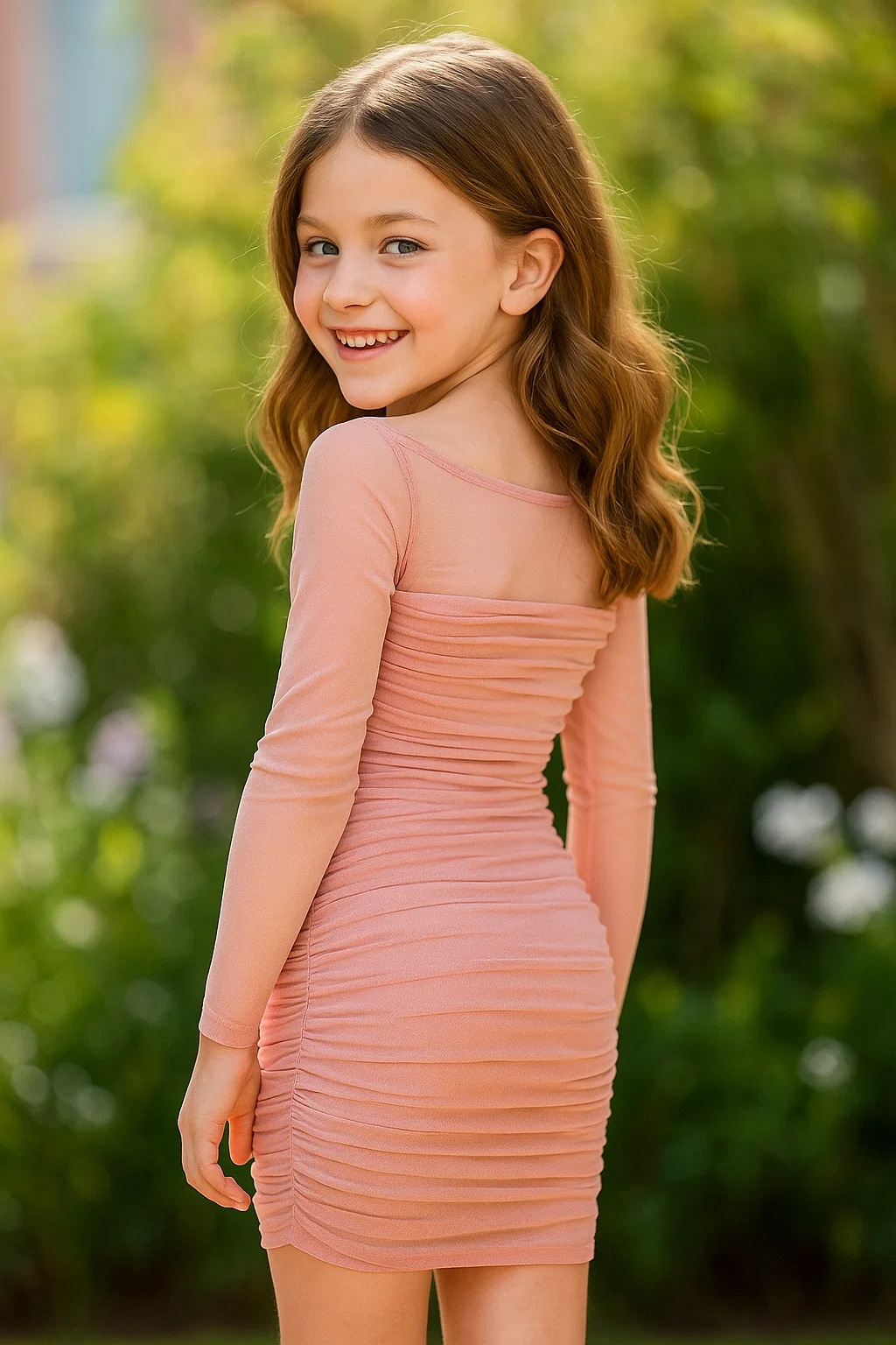 SHEIN Teen Girl Knitted Solid Square Neck Mesh Pleated Dress