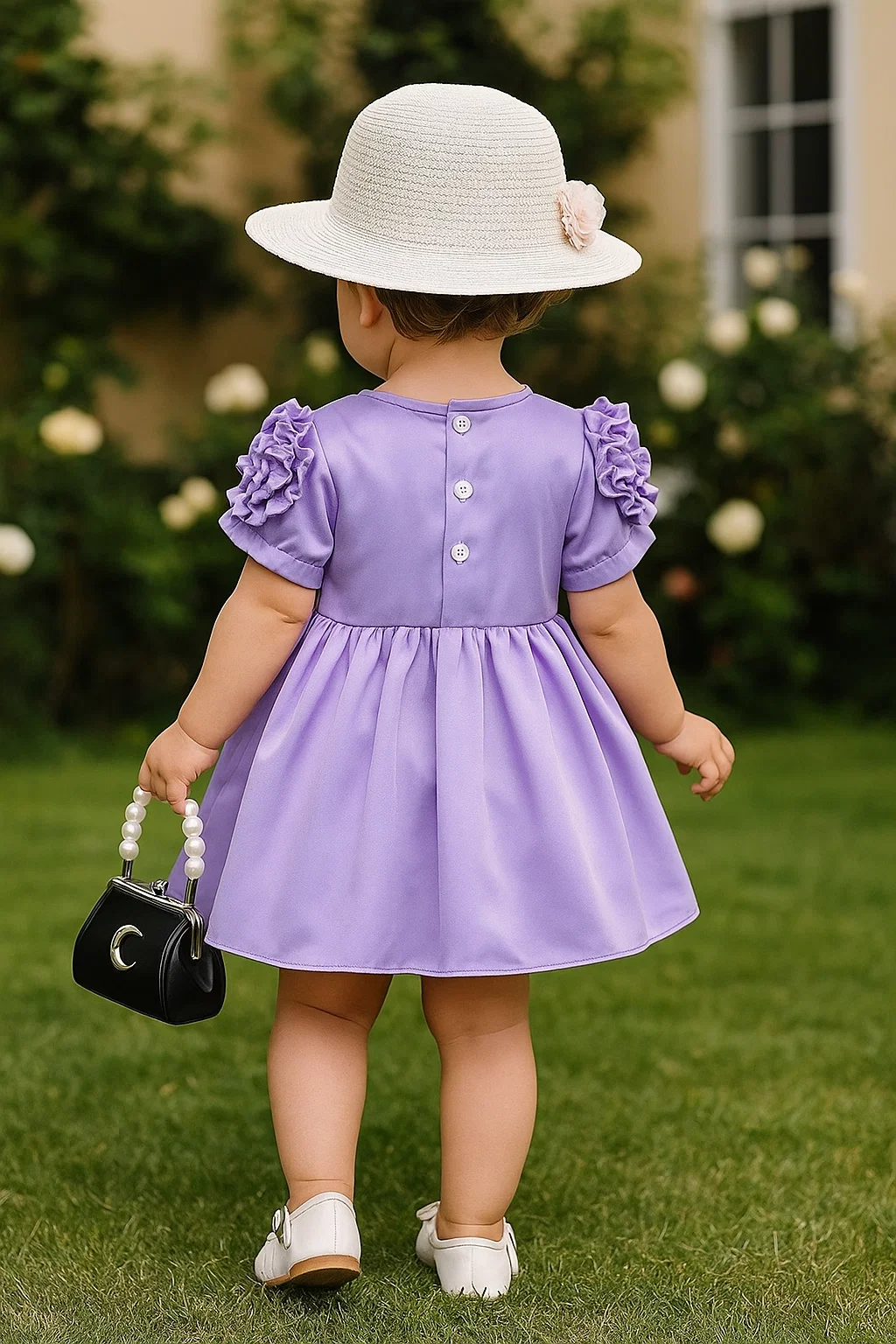 SHEIN Baby Girls' Summer Formal Dress, Purple Sleeves With 3d Rose Flower Design
