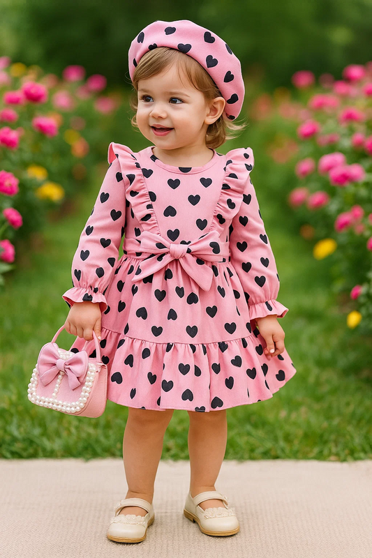 SHEIN Baby Girl Heart Print Ruffle Trim Flare Sleeve Belted Dress & Hat