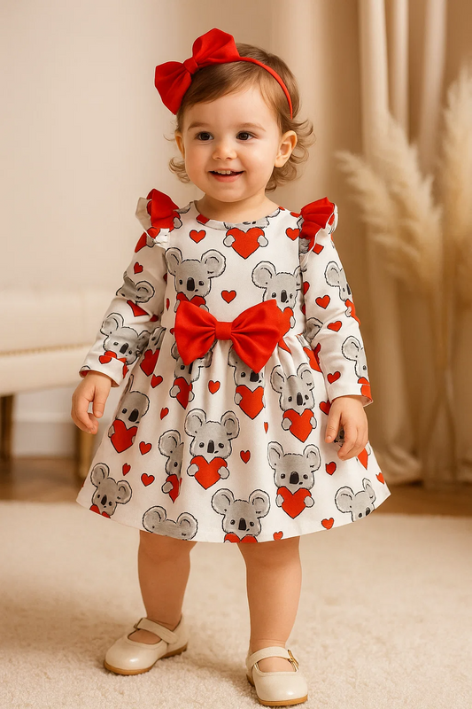 Baby Girl's Cute Cartoon Koala Print Long Sleeve Dress + Headband